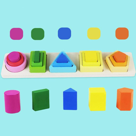 Jucarie Montessori din Lemn, Cyrax, Tip Puzzle, cu 5 Forme Asimetrice, 15 Piese, Educativa, Interactiva, Creativa, Model Forme Geometrice, Materiale Non Toxice, +2 Ani, 29x6.5 cm, Multicolor