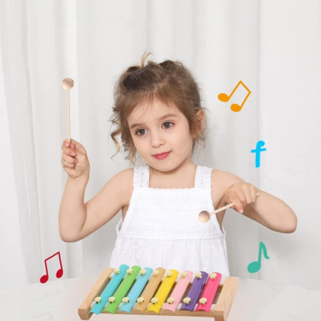 Instrument Muzical Xilofon Cyrax, din Lemn, 8 Note Muzicale, 2 Bete de Percutie, 4-6 Ani, Multicolor Pastel