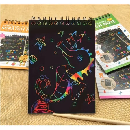 Caiet cu fise razuibile Cyrax, DIY Magic Scratch, 12 File, Curcubeu, Creion din Lemn, Cartonase negre, 14.5 x 10 cm, portocaliu