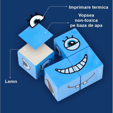 Jucarie Pentru Copii Montessori Cyrax, Cub din Lemn, Asamblare Fete, 64 de Carti Distractive, pentru Baieti si Fete, Varsta +3 ani, Educativ, Ambalaj din plastic, 12 x 12 x 3 cm, multicolor