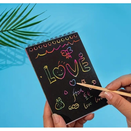 Caiet cu fise razuibile Cyrax, DIY Magic Scratch, 12 File, Curcubeu, Creion din Lemn, Cartonase negre, 14.5 x 10 cm, portocaliu